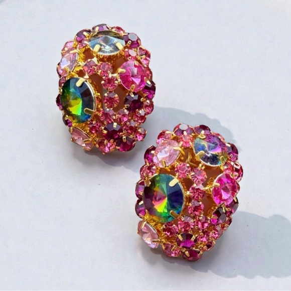 Crystal Clip-On Earrings Large Multicolor– Pink & Gold Statement Jewelry - Picture 3 of 5